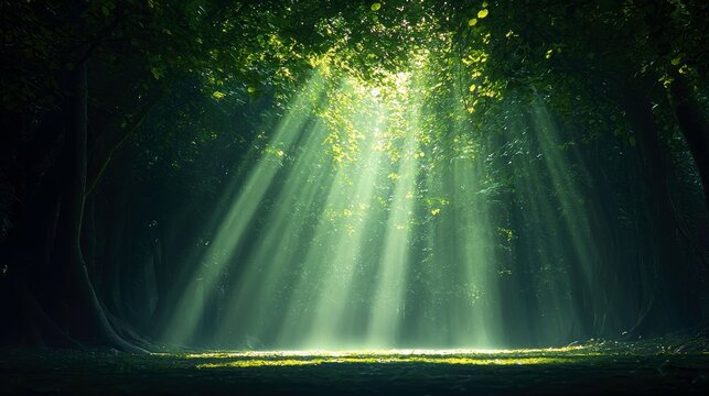 Sunlight streams through the trees in a lush forest, creating a dramatic and serene atmosphere. The image captures the beauty of nature with a focus on light an