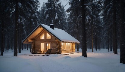 Cozy winter cabin in snowy forest - ultra realistic