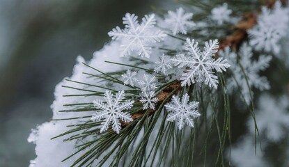 Macro snowflakes on pine needles - ultra realistic