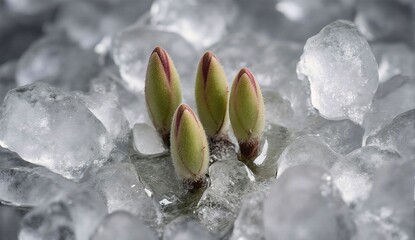 Spring buds emerging from melting ice - ultra realistic