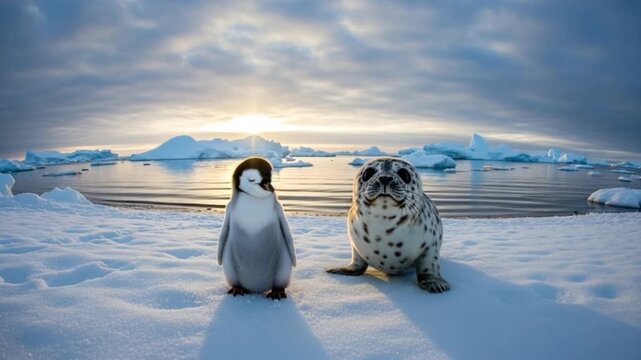 A penguin and a seal sitting side by side on snowy ice against a serene Antarctic