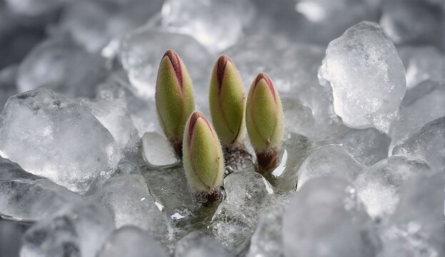 Spring buds emerging from melting ice - ultra realistic
