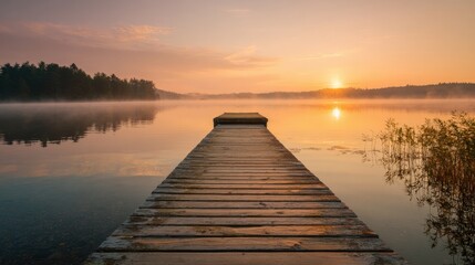Obraz premium Golden sunlight breaks through the morning mist as it rises over a tranquil lake. A wooden dock extends into the water surrounded by lush trees and serene nature.