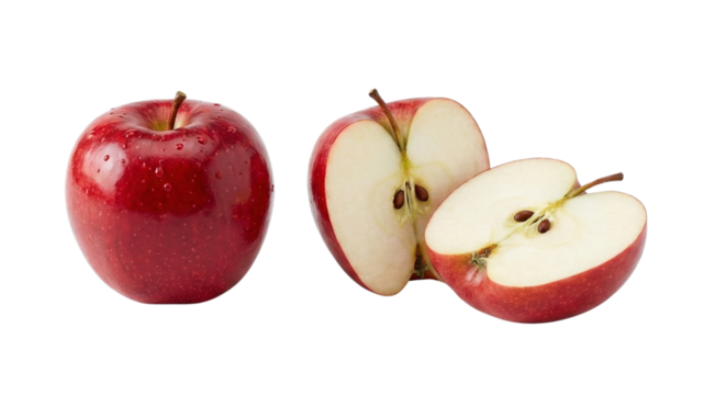 Whole and halved red apples on a white background