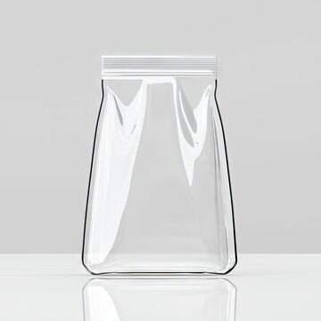 A clear plastic bag stands on a reflective surface, with a neutral background. The bag is sealed with a zipper.
