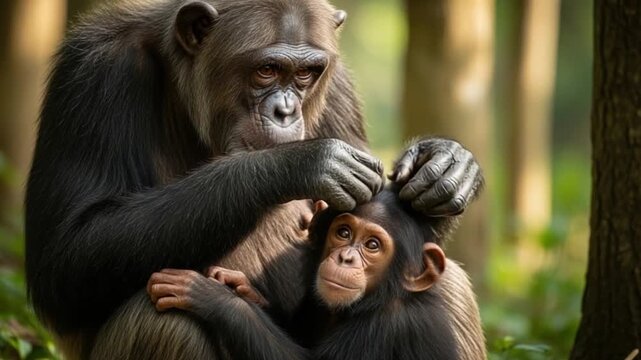 An adult chimpanzee tenderly grooming a younger chimpanzee in a serene forest setting