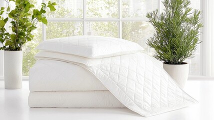 A neatly arranged white bedding set with pillows and a quilt, accompanied by potted plants, set against a bright window.