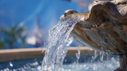 A beautifully designed fountain features water cascading over a carved surface creating a serene atmosphere in a warm sunny location by the coast.