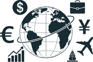 Global finance and international business concept with currency symbols, airplane, ship, and growth chart isolated on white background