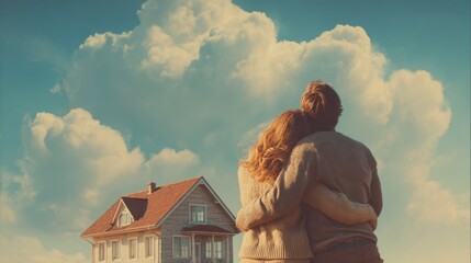 A couple stands close together embracing as they admire the beautiful sunset. A quaint house is visible nearby surrounded by fluffy clouds creating a peaceful atmosphere.