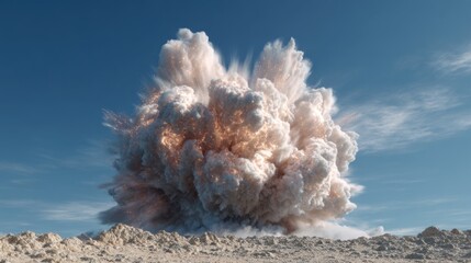 A vibrant explosion occurs in an open area sending a large cloud of dust and debris into the sky. The scene captures the moment's power and intensity under a sunny blue backdrop.