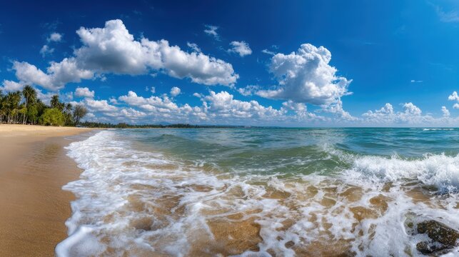 Waves gently crash on a sandy beach surrounded by palm trees. The clear blue water sparkles under the bright sun and fluffy clouds float above in the sky.