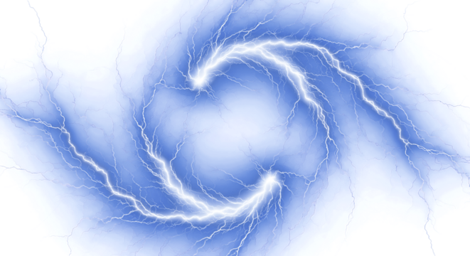 Dynamic blue lightning vortex sparks energy and power on a stark black background