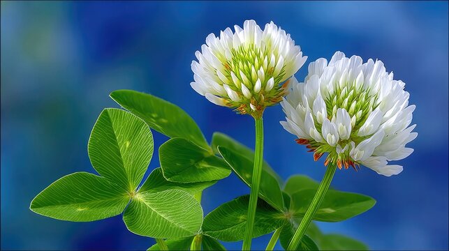 Close-up of two white clover flowers with green leaves against a blurred blue background. The flowers are in full bloom, showcasing their intricate details.