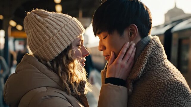Emotional farewell between a couple at a train station during sunset, capturing their intimate moment