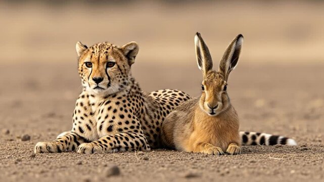 A cheetah and a springbok lying side by side on dry earth with a blurred background.