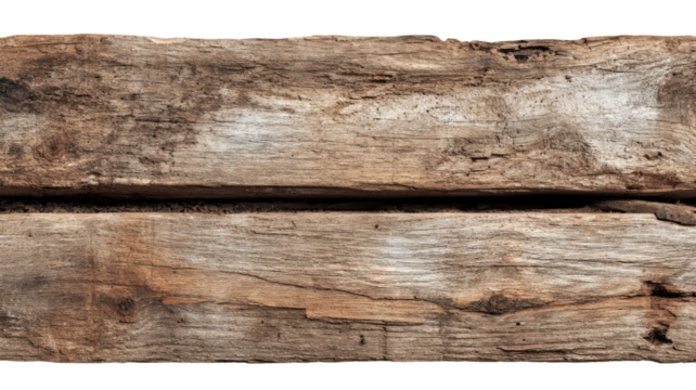 Old wooden board with aged textured surface and natural rustic grain details shown clearly for detailed presentation isolated on white background