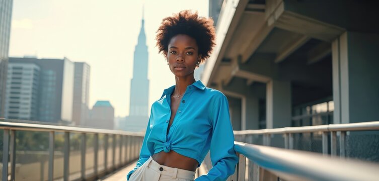 Stylish black woman poses outdoors in city. Confident female with afro hair wears blue shirt and beige pants. Urban fashion photo represents beauty style. - Powered by Adobe