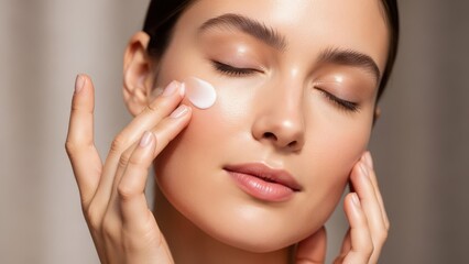 Fototapeta premium Beautiful Woman Gently Applies Facial Product for Glowing Skin