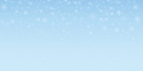 Soft winter snowfall background with light blue gradient sky, detailed white snowflakes, falling snow depth effect, magical festive seasonal design perfect for Christmas, New Year, and holiday themed