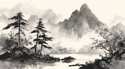 A beautiful scene features tall pine trees beside a calm lake surrounded by misty mountains. The peaceful atmosphere invites contemplation and relaxation.