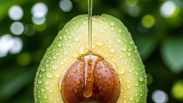 Fresh avocado oil poured over a vibrant green fruit