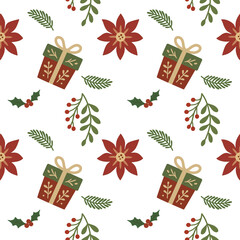 Festive diagonal pattern with poinsettias, holly, pine, and gift boxes on white, perfect for cheerful holiday wrapping, cards, or seasonal decor.