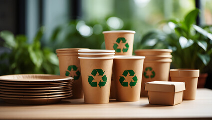 Eco-friendly disposable paper cups and plates with recycling symbols on a wooden table with plants