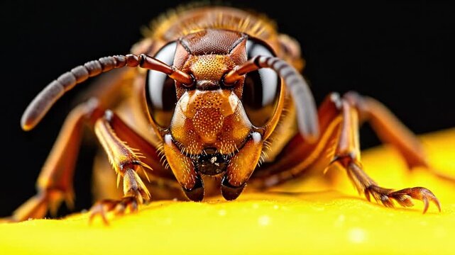 A detailed macro shot captures a brown hornet resting on a vibrant yellow surface against a dark background, showcasing its intricate features with an intense presence.