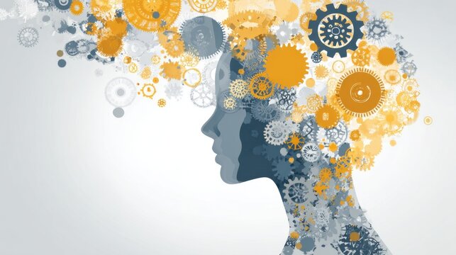 Silhouette of a profile is filled with colorful gears and cogs symbolizing creativity and innovative thinking. This design represents the interconnectedness of thoughts and ideas.