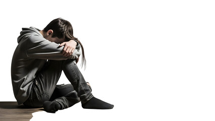Depressed young man sitting alone on the floor with his head in his arms