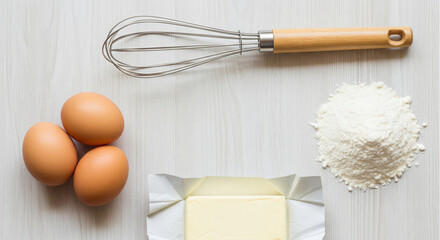 Baking ingredients flat lay on white wood. Fresh eggs, flour, butter, and whisk top view. Perfect background for cooking recipes, pastry, and food preparation concepts.