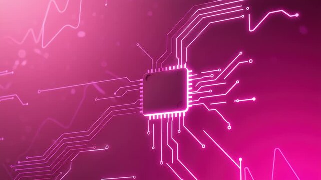 Digital circuit board with microchip on pink background  