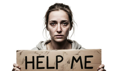 Desperate woman holding a help me sign with tears streaming down her face