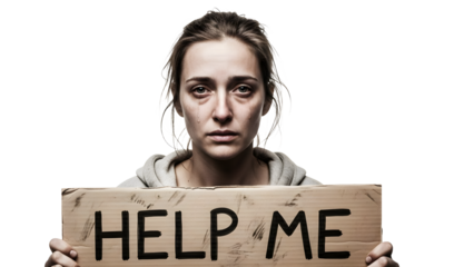 Desperate woman holding a help me sign with tears streaming down her face
