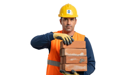 Construction worker holding bricks wearing safety vest and hard hat