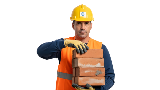 Construction worker holding bricks wearing safety vest and hard hat