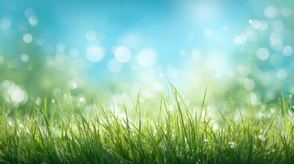 Vibrant green grass stands tall in a field gently swaying in the warm breeze under a clear blue sky filled with soft light on a sunny day.