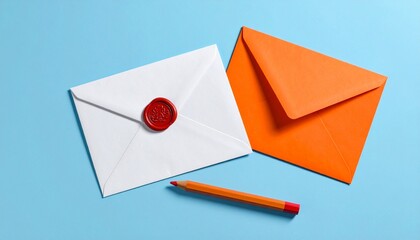 orange and white envelopes with pencil on blue