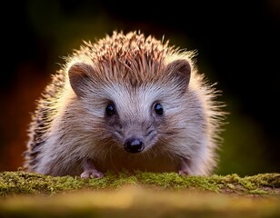 A Curious Hedgehog Peeks Out From a Mossy Log, Illuminated by a Gentle Golden Light, Creating a Captivating Forest Scene