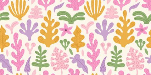 Seamless jungle tropical abstract pattern with palm tree, leaves. Soft pastel colors, orange, pink, green. Summer texture. Vector illustration. White background.