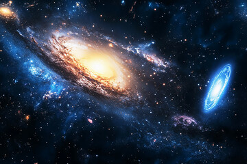 Fototapeta premium Spiral galaxy and galaxy cluster in space.