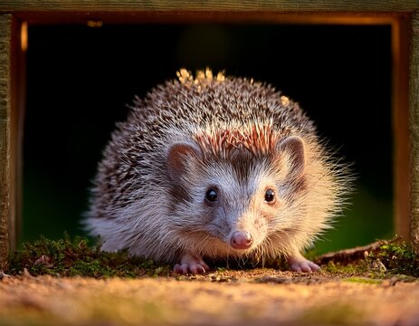 A charming hedgehog portrait, peering out from a wooden frame with soft, warm lighting and delicate detail.