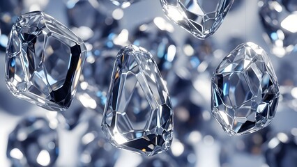 A collection of geometric-shaped crystals resembling ice or diamonds, depicted realistically with intricate surface details and subtle lighting effects.

