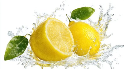 Two fresh lemons are immersed in clear water creating splashes and droplets. Bright and vibrant the lemons showcase their rich yellow color surrounded by green leaves.