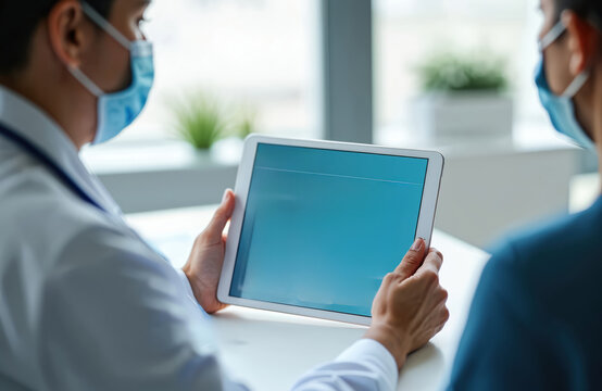 Doctor shows patient data on tablet. Both wear medical face masks. Digital tech in healthcare. Remote health consultation. Telemedicine concept. Medical exam or diagnosis - Powered by Adobe