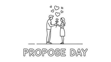 Man proposing to woman with a rose on propose day, surrounded by hearts, isolated on transparent background