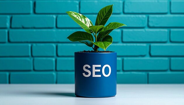 green plant in blue SEO pot, teal wall