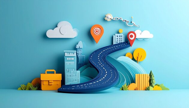 blue roadmap with icons for progress and goals