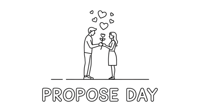 Man proposing to woman with a rose on propose day, surrounded by hearts, isolated on transparent background